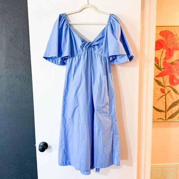 Abercrombie & Fitch Angel Sleeve Twist Front Midi Dress Blue Size Medium Petite - Picture 3 of 11